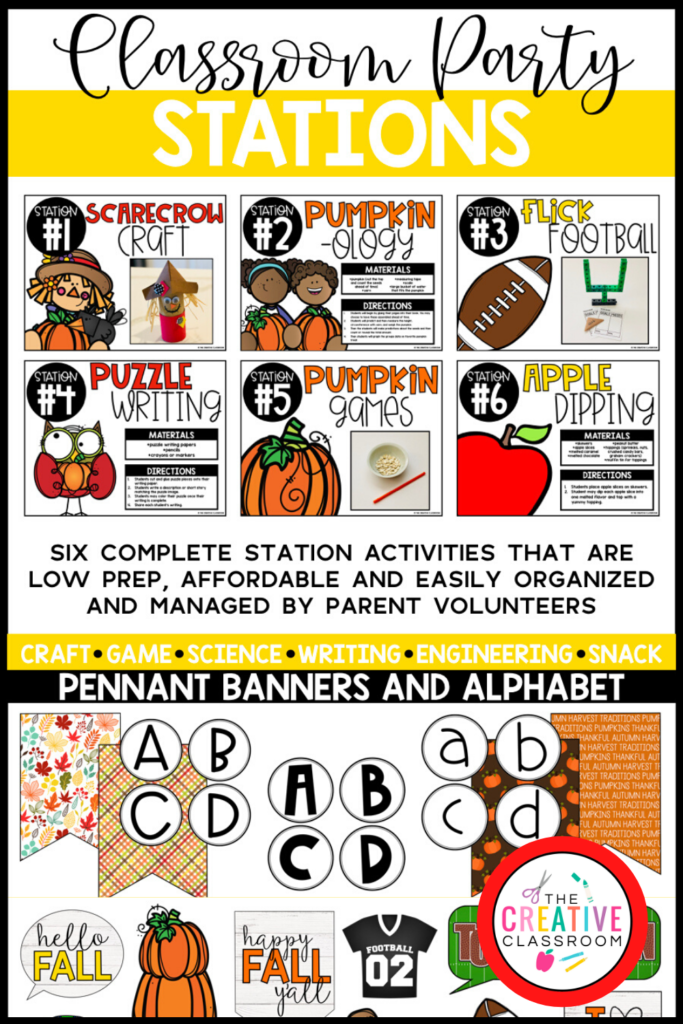 Save time and money planning your Fall classroom party. Creative Classroom Party Packs will make every occasion easy and fun for your students.  This party pack includes six complete station activities that are low prep, affordable and easily organized and managed by parent volunteers. 