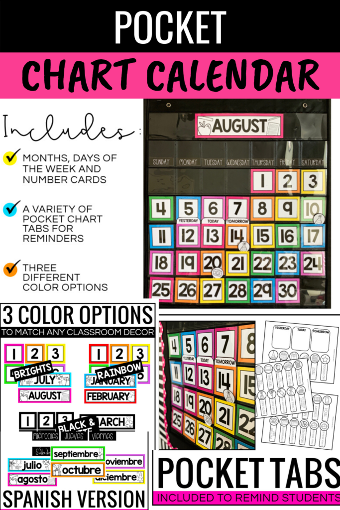 Pocket Chart Calendars are easy to use and take up less wall space that other calendars.  This calendar includes months of the year, days of the week and number of day cards. this calendar is unique because it also includes pocket chart tabs than you can slide in and out of the pockets for today is, yesterday was, and tomorrow will be.