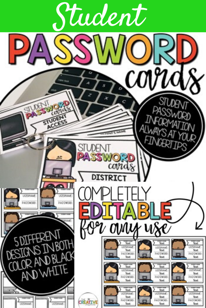 Stay organized and prepared with student passwords at your fingertips! These cards are perfect to hole punch and put on a ring to keep handy to give to students for online access to classroom websites, testing material, curriculum software, etc..